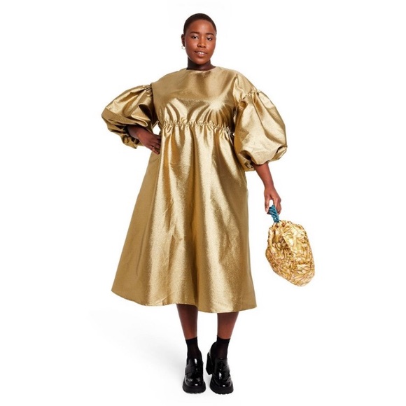 🔖 KIKA VARGAS x Target Women's Puff Sleeve Scallop Back Midi Dress - Gold - Picture 8 of 15